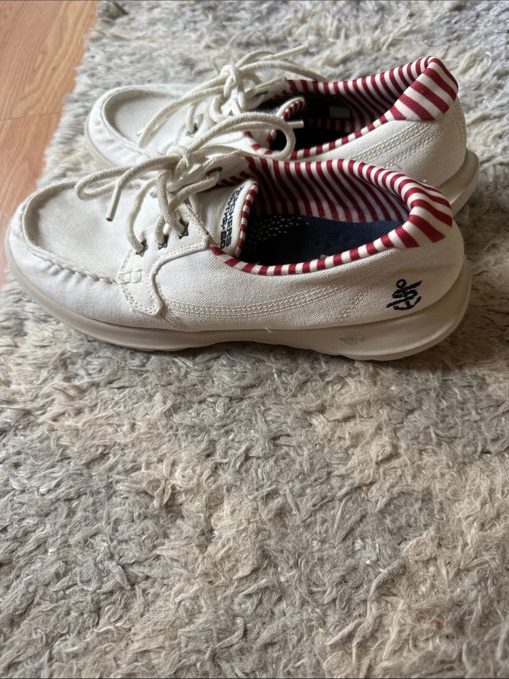 Skechers Kids Cream Canvas Lace-Up Sneakers with Red-Striped Lining